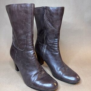 Vintage Nine West Genuine Leather Chocolate Brown Block Heel Zip Boots 9.5 M
